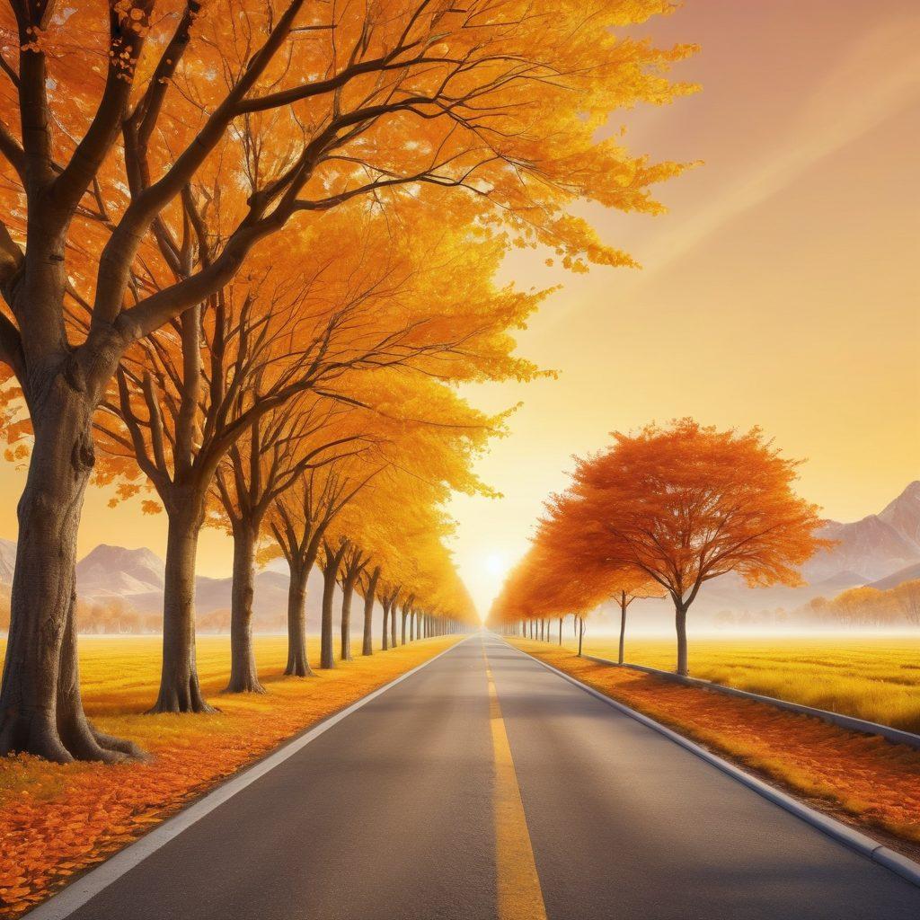 A serene pathway lined with vibrant golden trees leading to a bright horizon, symbolizing prosperity. Alongside the path, multiple road signs illustrate key financial strategies like saving, investing, and budgeting. A diverse group of people of different ages and backgrounds walk joyfully together, embodying unity in financial well-being. The sky above is a gradient of warm oranges and yellows, radiating positivity. surrealism. vibrant colors. 3D.
