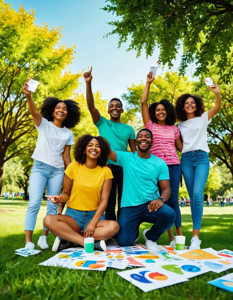 A vibrant, uplifting scene featuring a diverse group of friends celebrating in a sunny park, surrounded by symbols of financial well-being like upward-trending graphs, credit cards with happy faces, and green plants symbolizing growth. The atmosphere is filled with joy, hope, and positivity, emphasizing community and support in achieving financial goals. bright colors. cheerful and lively style. painting.