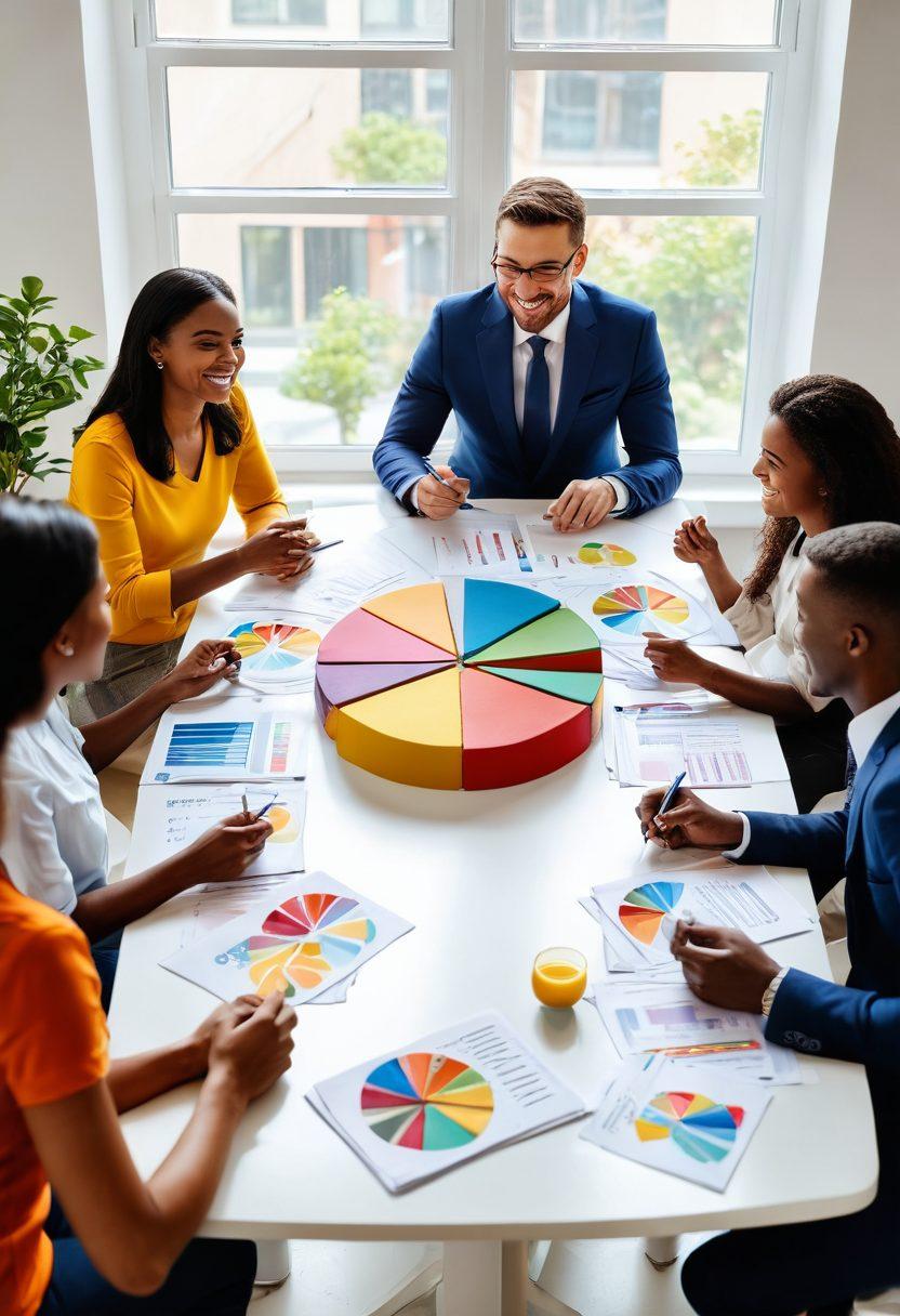 A bright and inviting scene depicting a diverse group of people joyfully discussing financial strategies around a table filled with colorful pie charts and loan documents. Incorporate elements like happy expressions, stacks of credit cards, and a flourishing plant symbolizing prosperity. The background should feature an open window showing a sunny day, symbolizing opportunities. Use vibrant colors to convey a sense of optimism and happiness. super-realistic. vibrant colors. white background.